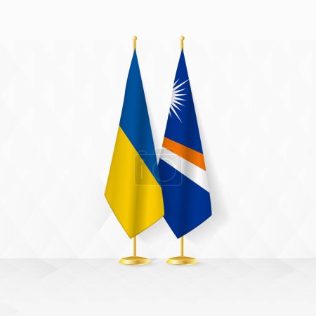 Flaggen der Ukraine und der Marshallinseln am Fahnenständer, Illustration für Diplomatie und andere Treffen zwischen der Ukraine und den Marshallinseln.
