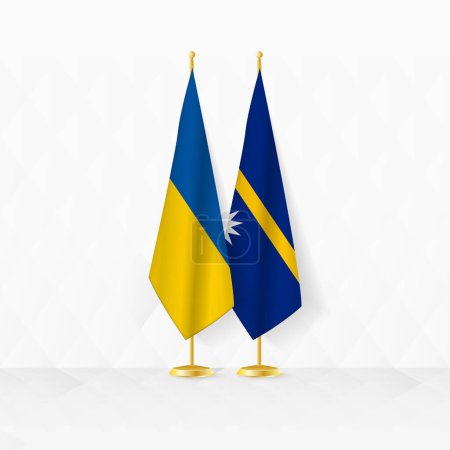 Flaggen der Ukraine und Nauru am Fahnenständer, Illustration für Diplomatie und andere Treffen zwischen der Ukraine und Nauru.