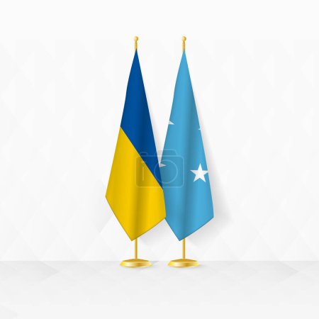 Flaggen der Ukraine und Mikronesiens am Fahnenständer, Illustration für Diplomatie und andere Treffen zwischen der Ukraine und Mikronesien.
