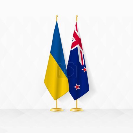 Flaggen der Ukraine und Neuseelands am Fahnenständer, Illustration für Diplomatie und andere Treffen zwischen der Ukraine und Neuseeland.