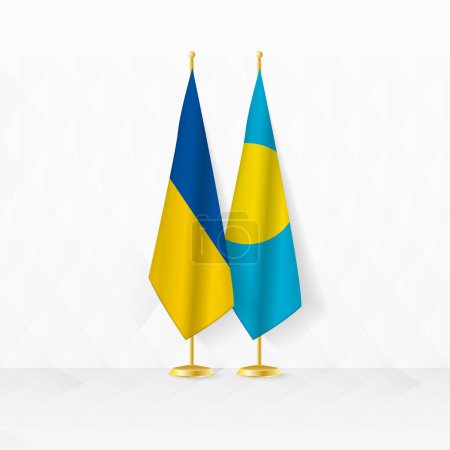 Flaggen der Ukraine und Palaus auf dem Fahnenständer, Illustration für Diplomatie und andere Treffen zwischen der Ukraine und Palau.