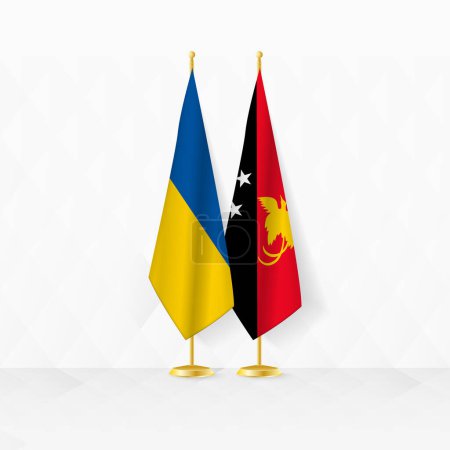 Flaggen der Ukraine und Papua-Neuguineas am Fahnenständer, Illustration für Diplomatie und andere Treffen zwischen der Ukraine und Papua-Neuguinea.