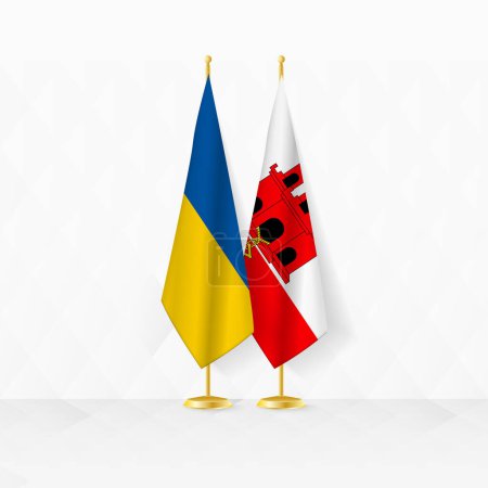 Flaggen der Ukraine und Gibraltars am Fahnenständer, Illustration für Diplomatie und andere Treffen zwischen der Ukraine und Gibraltar.