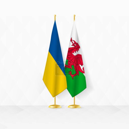 Flaggen der Ukraine und Wales am Fahnenständer, Illustration für Diplomatie und andere Treffen zwischen der Ukraine und Wales.