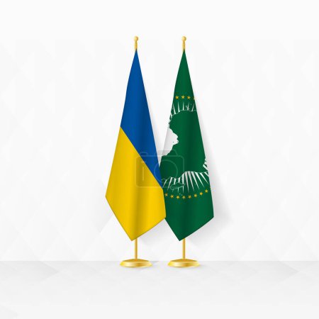 Ukraine and African Union flags on flag stand, illustration for diplomacy and other meeting between Ukraine and African Union.
