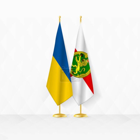 Flaggen der Ukraine und Alderney am Fahnenständer, Illustration für Diplomatie und andere Treffen zwischen der Ukraine und Alderney.