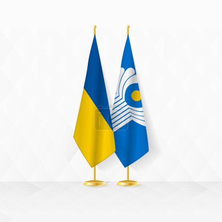 Flaggen der Ukraine und der GUS auf dem Fahnenständer, Illustration für Diplomatie und andere Treffen zwischen der Ukraine und der GUS.