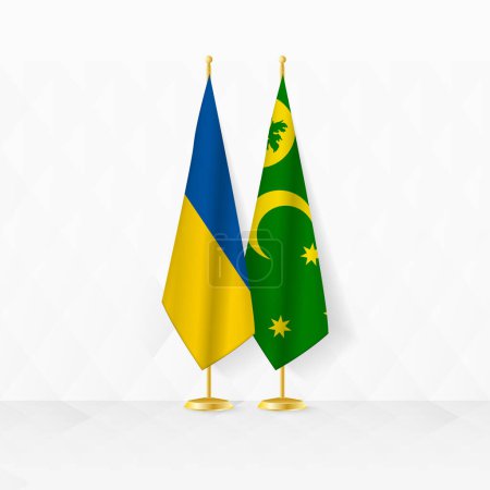 Flaggen der Ukraine und der Kokosinseln am Fahnenständer, Illustration für Diplomatie und andere Treffen zwischen der Ukraine und den Kokosinseln.