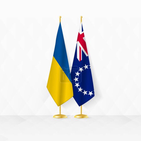 Flaggen der Ukraine und Cook Islands auf dem Fahnenständer, Illustration für Diplomatie und andere Treffen zwischen der Ukraine und Cook Islands.