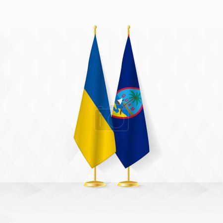 Flaggen der Ukraine und Guams auf dem Fahnenständer, Illustration für Diplomatie und andere Treffen zwischen der Ukraine und Guam.