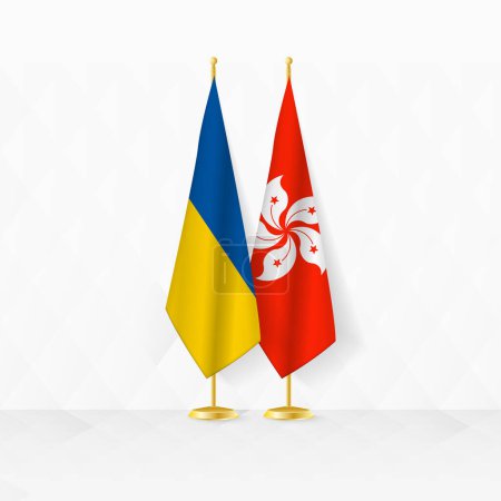 Ukraine and Hong Kong flags on flag stand, illustration for diplomacy and other meeting between Ukraine and Hong Kong.