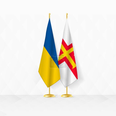 Banderas de Ucrania y Guernsey en el stand de la bandera, ilustración para la diplomacia y otra reunión entre Ucrania y Guernsey.