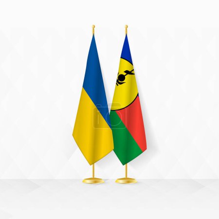 Ilustración de Banderas de Ucrania y Nueva Caledonia en el stand de la bandera, ilustración para la diplomacia y otra reunión entre Ucrania y Nueva Caledonia. - Imagen libre de derechos