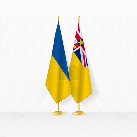 Flaggen der Ukraine und Niue auf dem Fahnenständer, Illustration für Diplomatie und andere Treffen zwischen der Ukraine und Niue.