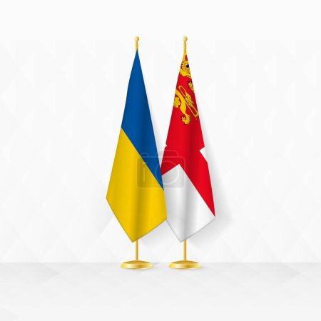 Flaggen der Ukraine und Sark auf dem Fahnenständer, Illustration für Diplomatie und andere Treffen zwischen der Ukraine und Sark.