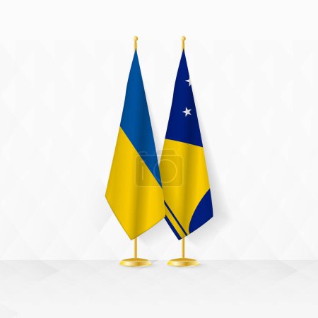 Ukraine and Tokelau flags on flag stand, illustration for diplomacy and other meeting between Ukraine and Tokelau.