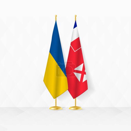 Ukraine und Wallis und Futuna Fahnen auf dem Fahnenständer, Illustration für Diplomatie und andere Treffen zwischen der Ukraine und Wallis und Futuna.