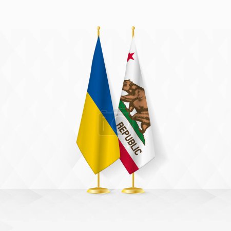 Ukraine and California flags on flag stand, illustration for diplomacy and other meeting between Ukraine and California.