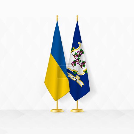 Ukraine and Connecticut flags on flag stand, illustration for diplomacy and other meeting between Ukraine and Connecticut.