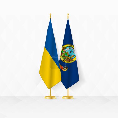 Ukraine and Idaho flags on flag stand, illustration for diplomacy and other meeting between Ukraine and Idaho.