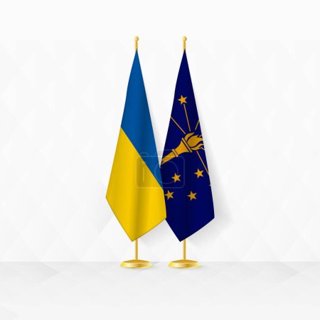 Ukraine and Indiana flags on flag stand, illustration for diplomacy and other meeting between Ukraine and Indiana.
