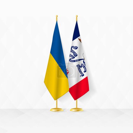 Ukraine and Iowa flags on flag stand, illustration for diplomacy and other meeting between Ukraine and Iowa.