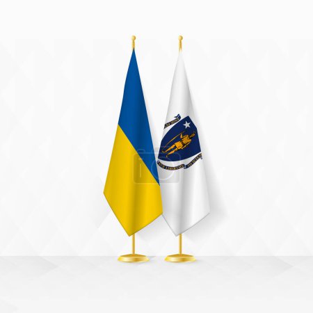 Ukraine and Massachusetts flags on flag stand, illustration for diplomacy and other meeting between Ukraine and Massachusetts.