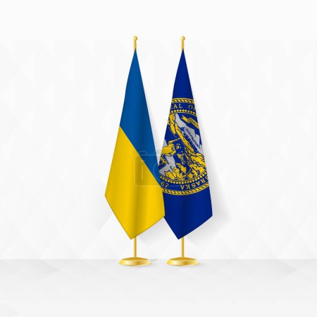 Ukraine and Nebraska flags on flag stand, illustration for diplomacy and other meeting between Ukraine and Nebraska.