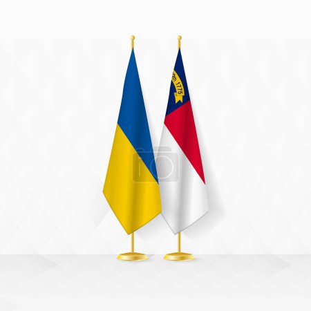 Flaggen der Ukraine und North Carolina am Fahnenständer, Illustration für Diplomatie und andere Treffen zwischen der Ukraine und North Carolina.