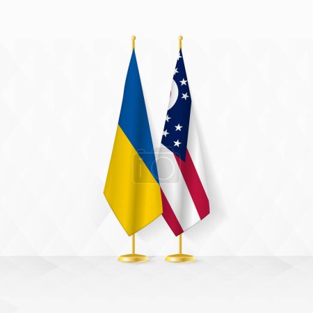 Ukraine and Ohio flags on flag stand, illustration for diplomacy and other meeting between Ukraine and Ohio.