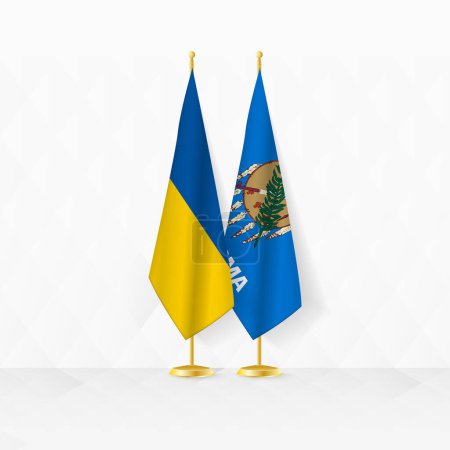 Ukraine and Oklahoma flags on flag stand, illustration for diplomacy and other meeting between Ukraine and Oklahoma.