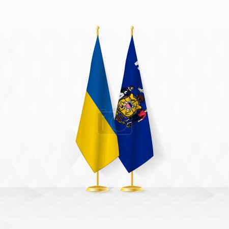 Flaggen der Ukraine und Wisconsin am Fahnenständer, Illustration für Diplomatie und andere Treffen zwischen der Ukraine und Wisconsin.