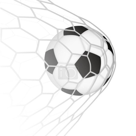 Square illustration of football ball in net, goal moment in soccer or European football match. Vector illustration.