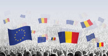 Illustration for Crowd with flag of European Union and Romania, people of Romania with flag of EU. - Royalty Free Image