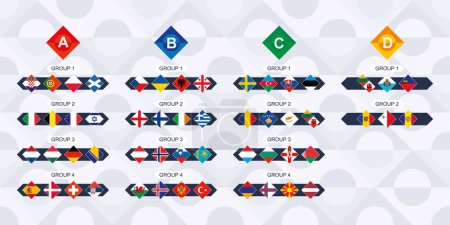 Todos los participantes de la competición europea de fútbol clasificados por liga y grupo. Bandera de las naciones europeas en rombo
.