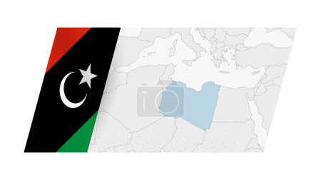 Libysche Landkarte im modernen Stil mit der Flagge Libyens auf der linken Seite.