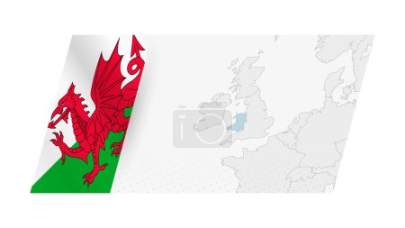 Carte du Pays de Galles dans un style moderne avec drapeau du Pays de Galles sur le côté gauche.