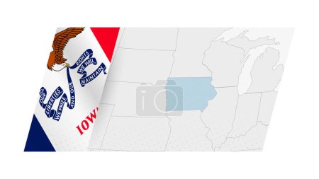 Carte de l'Iowa dans un style moderne avec drapeau de l'Iowa sur le côté gauche.
