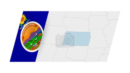 Mapa de Kansas en estilo moderno con la bandera de Kansas en el lado izquierdo.