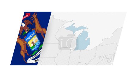 Mapa de Michigan en estilo moderno con la bandera de Michigan en el lado izquierdo.