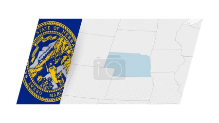 Nebraska map in modern style with flag of Nebraska on left side.