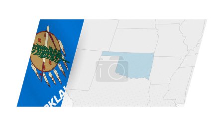 Oklahoma mapa en estilo moderno con la bandera de Oklahoma en el lado izquierdo.
