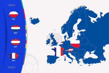 Carte de l'Europe avec les cartes marquées des pays participant au groupe D du tournoi européen de football 2024. Icône des drapeaux du groupe D.