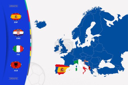 Ilustración de Mapa de Europa con mapas marcados de los países que participan en el grupo B del torneo europeo de fútbol 2024. Icono de banderas del grupo B. - Imagen libre de derechos