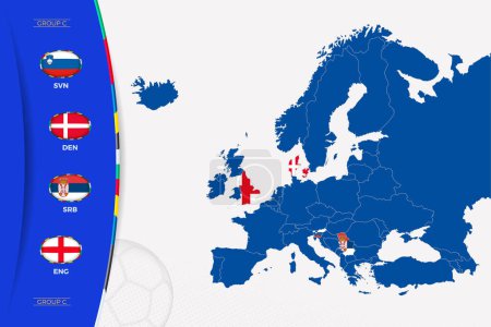 Téléchargez les illustrations : Carte de l'Europe avec les cartes marquées des pays participant au groupe C du tournoi européen de football 2024. Icône des drapeaux du groupe C. - en licence libre de droit