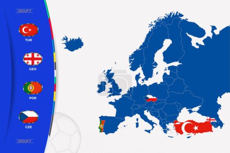 Map of Europe with marked maps of countries participating in group F of the European football tournament 2024. Flags icon of group F.