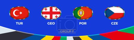 Fußball 2024 Gruppe F Teilnehmer des europäischen Fußballturniers, Nationalflaggen stilisiert im Turnierstil. Vektorillustration.