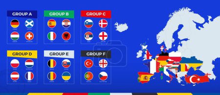 Téléchargez les illustrations : Carte de l'Europe avec les pays participant au tournoi de football européen 2024. Collection de drapeaux triés par groupe. Ensemble vectoriel. - en licence libre de droit