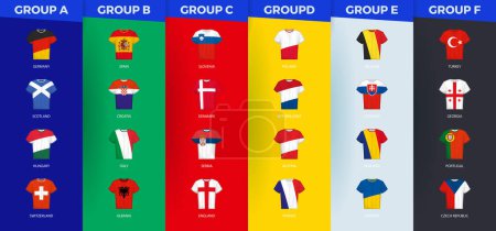Jerseys collection of participants of european football tournament sorted by group. Vector set.