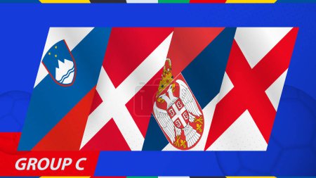 Flaggen der Gruppe C des Internationalen Fußballturniers 2024. Abstrakte Flaggen von Slowenien, Dänemark, Serbien, England